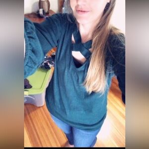 White Birch Green Long Sleeve sweater with Crisscross Neckline M